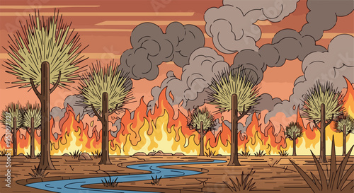 Desert landscape ablaze with a river flowing amidst smoke and flames