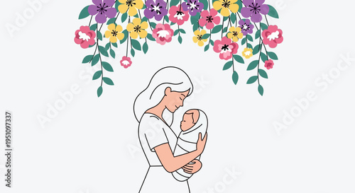 Minimalist Illustration of a Mother Holding a Newborn Baby with Hanging Floral Arch, Motherhood and Newborn Care Concept Vector