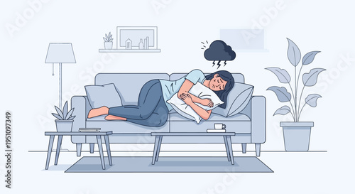 Depressed Woman Lying on Sofa with Dark Storm Cloud, Mental Health Concept Illustration