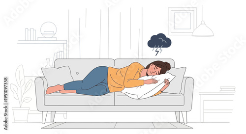 Sad Woman Lying on Sofa with Storm Cloud Above Her Head, Mental Health and Depression Concept Illustration