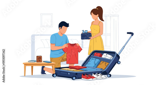 Couple packing suitcase, preparing for travel with clothes and toiletries