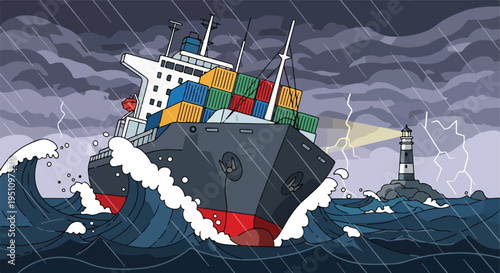 Cargo ship battling a fierce storm with lightning and massive waves