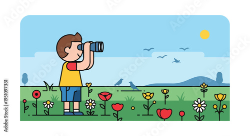 A child explores nature with binoculars in a field of flowers