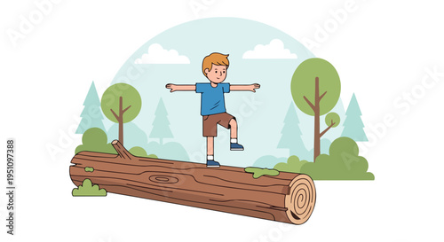 A young boy with arms outstretched balances on a fallen log amidst stylized trees and clouds
