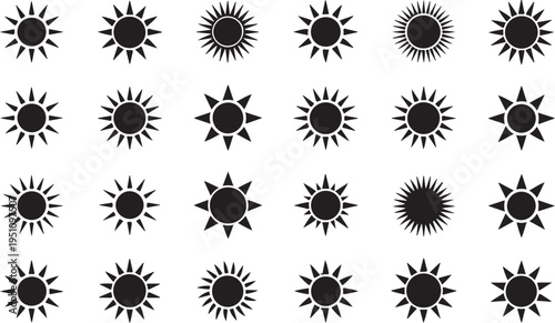 Grid of stylized sun icons with varying rays and shadows