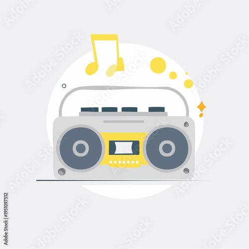 Retro boombox with musical notes and sparkles, vintage audio illustration