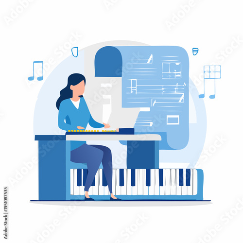 Woman composing music on a digital piano with sheet music displayed digitally