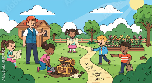 Children on a treasure hunt in a sunny garden near a shed