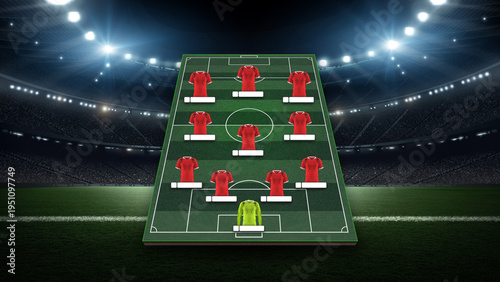 Photos Soccer lineup infographic template with red jerseys on stadium background, 3d rendering