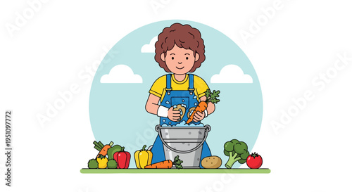 A person in overalls washes carrots in a soapy bucket, surrounded by fresh vegetables
