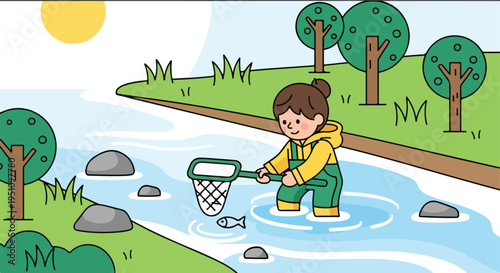 A cheerful child in overalls fishes in a clear stream with a net and a small fish