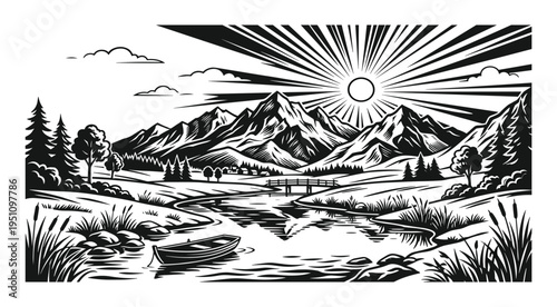 Serene mountain landscape with river and boat at sunrise