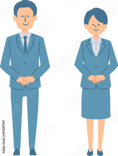軽いお辞儀をするスーツを着た男女のイラスト
