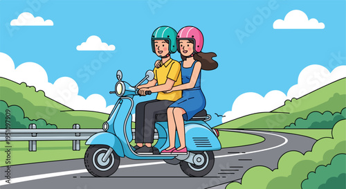 A couple happily riding a light blue scooter on a winding road