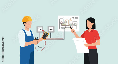 Electrician with meter and colleague reviewing wiring diagram with outlets