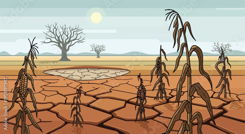 Barren landscape with dry corn stalks, cracked earth, and skeletal trees