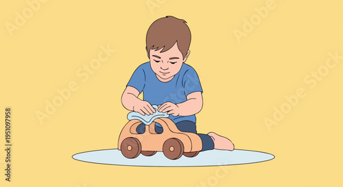 Young boy carefully cleans a small wooden toy car with a blue cloth