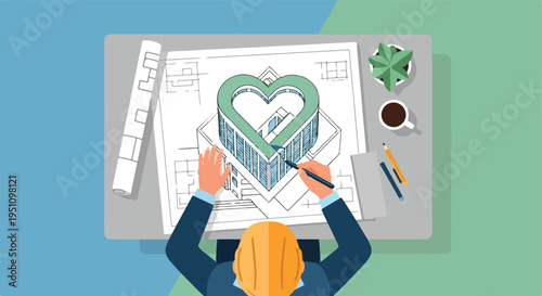 Architect designs a heart-shaped building with blueprints, coffee, and plant