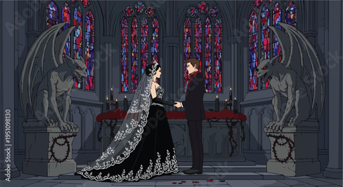 Couple in gothic chapel with gargoyles and stained glass windows