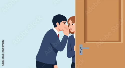 A boy whispers a secret to a girl peeking around a door