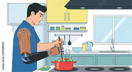Man with prosthetic arms joyfully cooks a meal in a modern, bright kitchen
