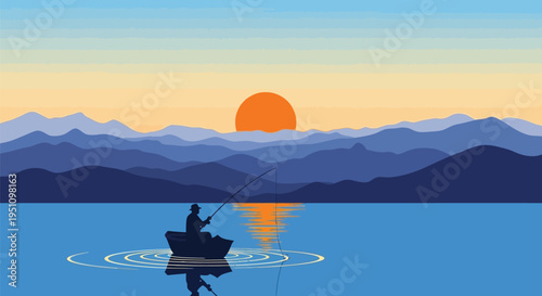 Vector illustration of a man fishing in a boat at sunset