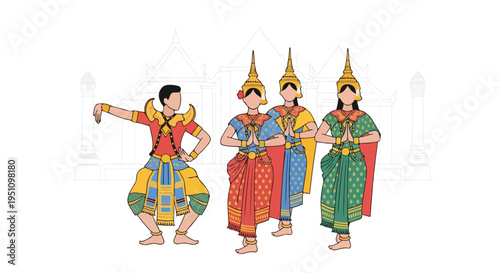 Traditional dancers in vibrant costumes perform before a stylized temple backdrop
