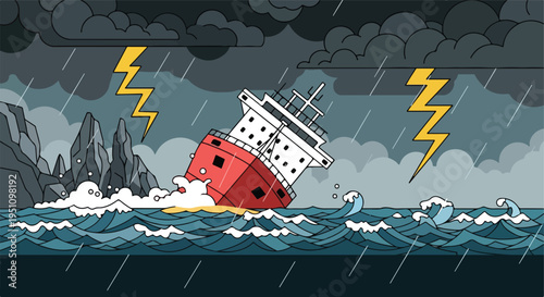 Shipwrecked vessel battered by storm with lightning strikes and rough seas
