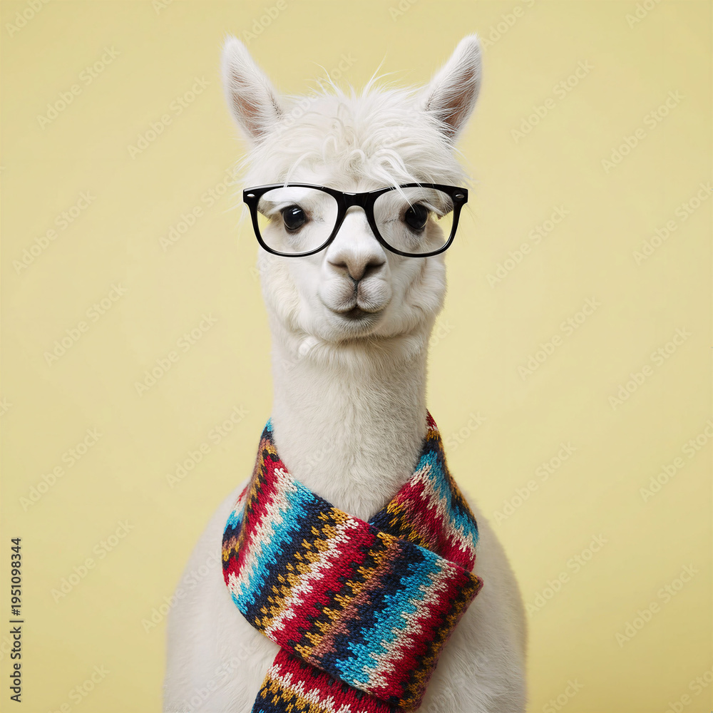 Naklejka premium Stylish hipster alpaca portrait wearing trendy black glasses and a colorful knitted wool scarf on yellow background