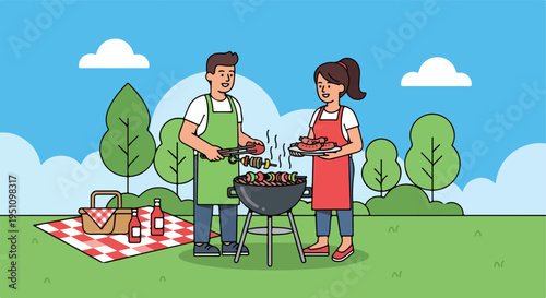 A man and woman enjoy a park barbecue, grilling food and preparing for a picnic