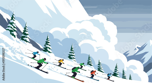 Mountainous landscape with skiers descending a snowy slope