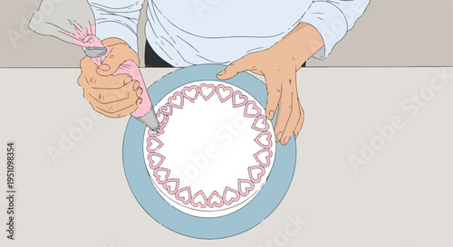 Hands piping pink frosting hearts onto a white cake on a blue turntable