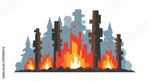 Stylized forest fire with flames, smoke, and charred trees