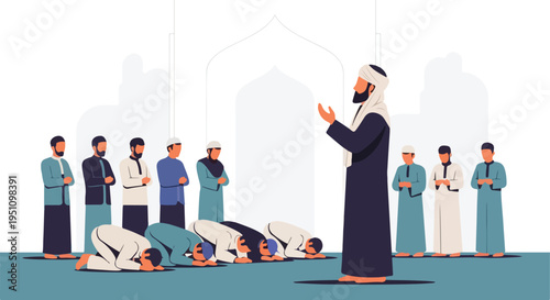 Diverse group of men engaged in communal prayer, some standing, some bowing