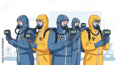 Team of scientists in hazmat suits holding radiation detection equipment