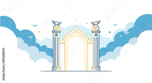 Stylized gateway with winged statues atop pillars, amidst clouds and stars
