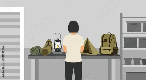 Person prepares for outdoor adventure with camping gear organized