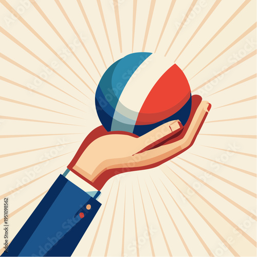Hand holding a striped ball in colors of the French flag, representing national pride and unity
