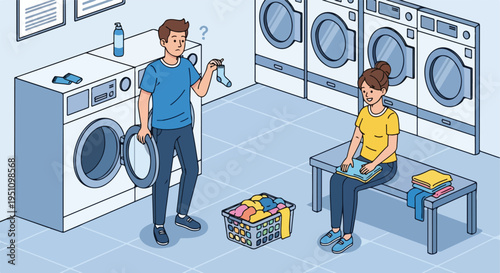 A confused man holds a single sock in a laundry room with a woman folding clothes