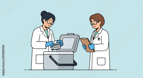 Two scientists in lab coats and goggles examine samples in a cooler