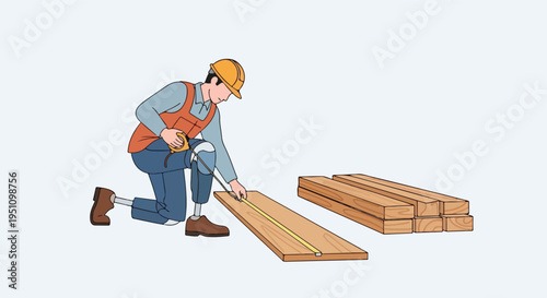 A builder on his knees measuring lumber with a yellow tape measure