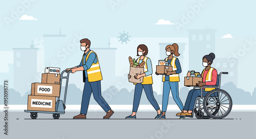 masked volunteers deliver essential supplies to community members