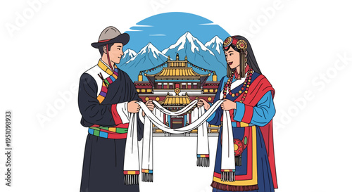 Couple in traditional attire with monastery and mountains background