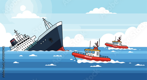 A sinking ship is aided by two rescue boats on a blue ocean