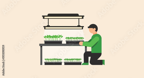 Person tending to seedlings under grow lights on a table