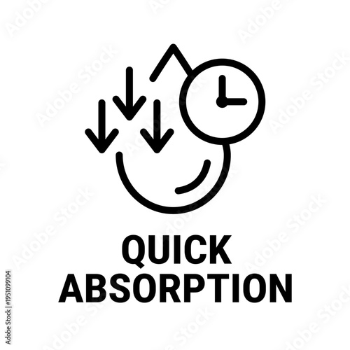 Highly absorbent or fast absorption icon set. Absorption label, logo, badge, symbol, sticker, line, flat vector, isolated illustration. Quick absorption label for product packaging design. Arrow down.