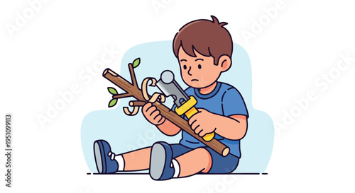 Young boy carves a wooden stick with a small tool