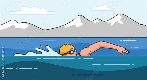 Swimmer in goggles and cap moves through blue water near snowy mountains