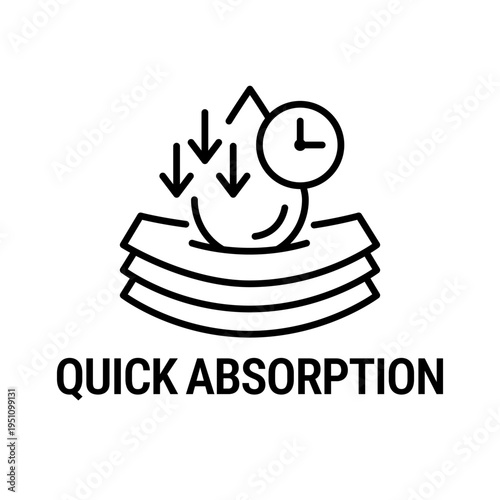 Highly absorbent or fast absorption icon set. Absorption label, logo, badge, symbol, sticker, line, flat vector, isolated illustration. Quick absorption label for product packaging design. Arrow down.