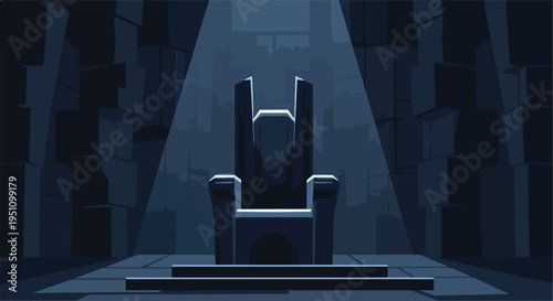 A solitary dark throne sits on a dais in a dimly lit stone chamber